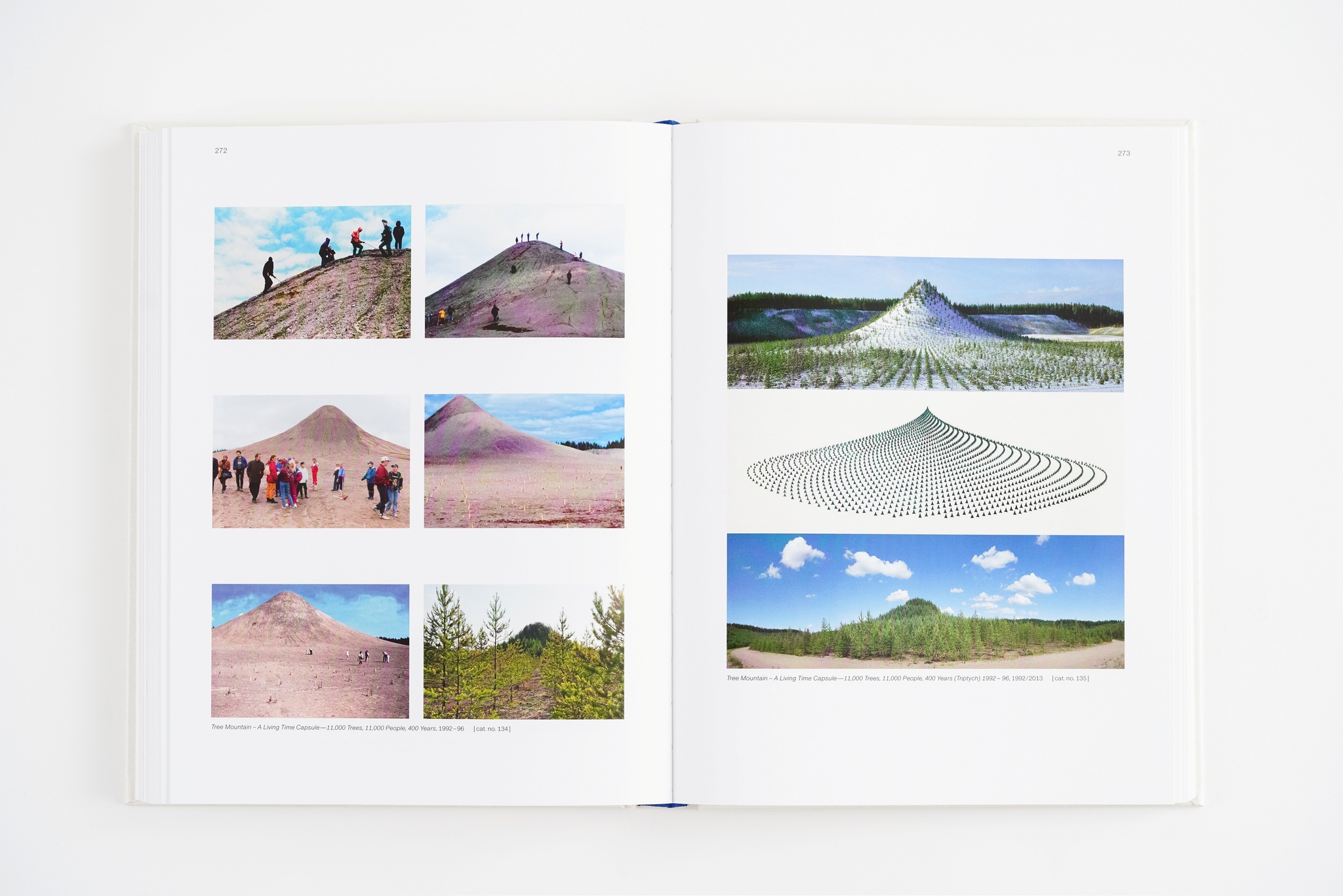 An interior spread of an exhibition catalogue displaying images of a mountain planted with trees in various stages of growth