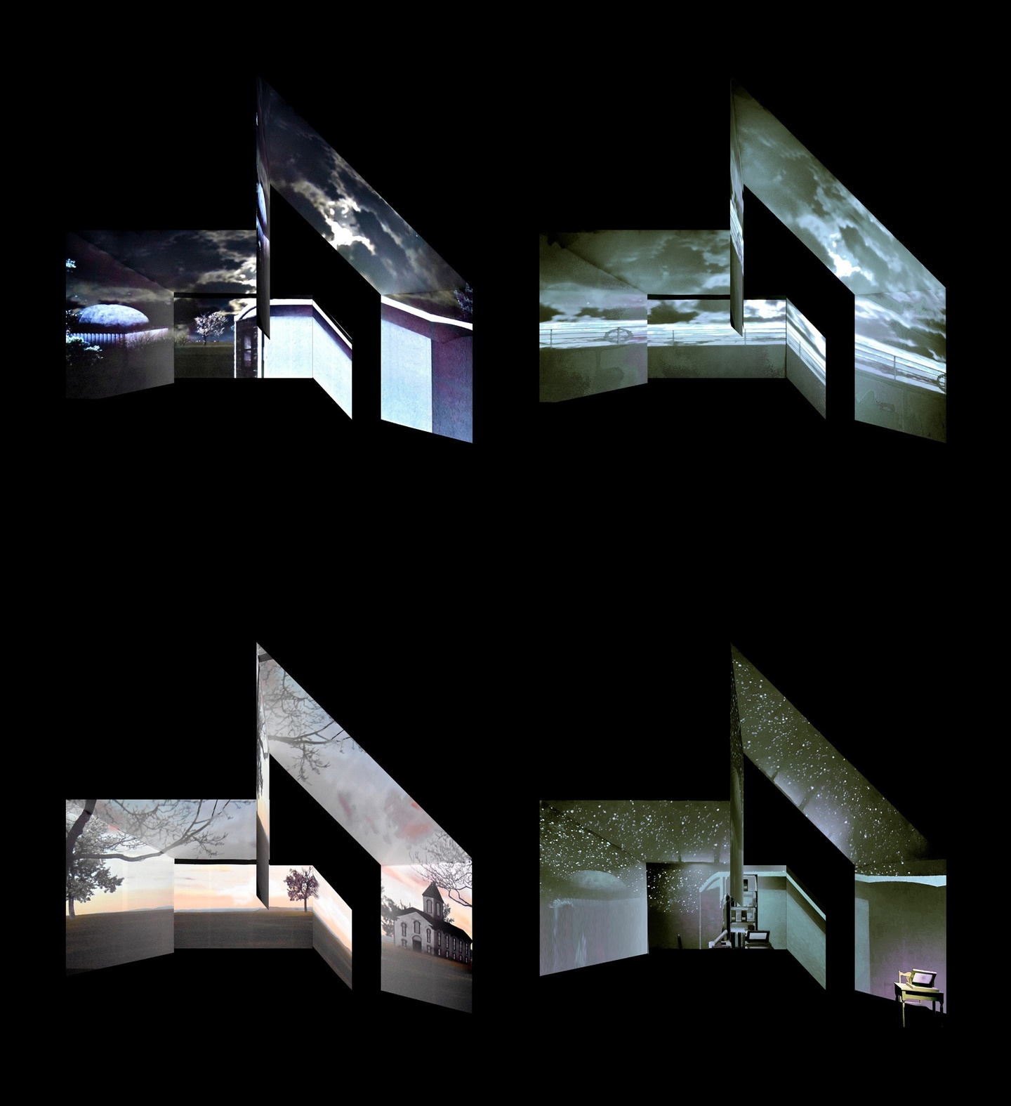 Grid of four oblique photographs from a projected animation on a built set displaying two buildings on a field with a cloudy day but the sun cascading