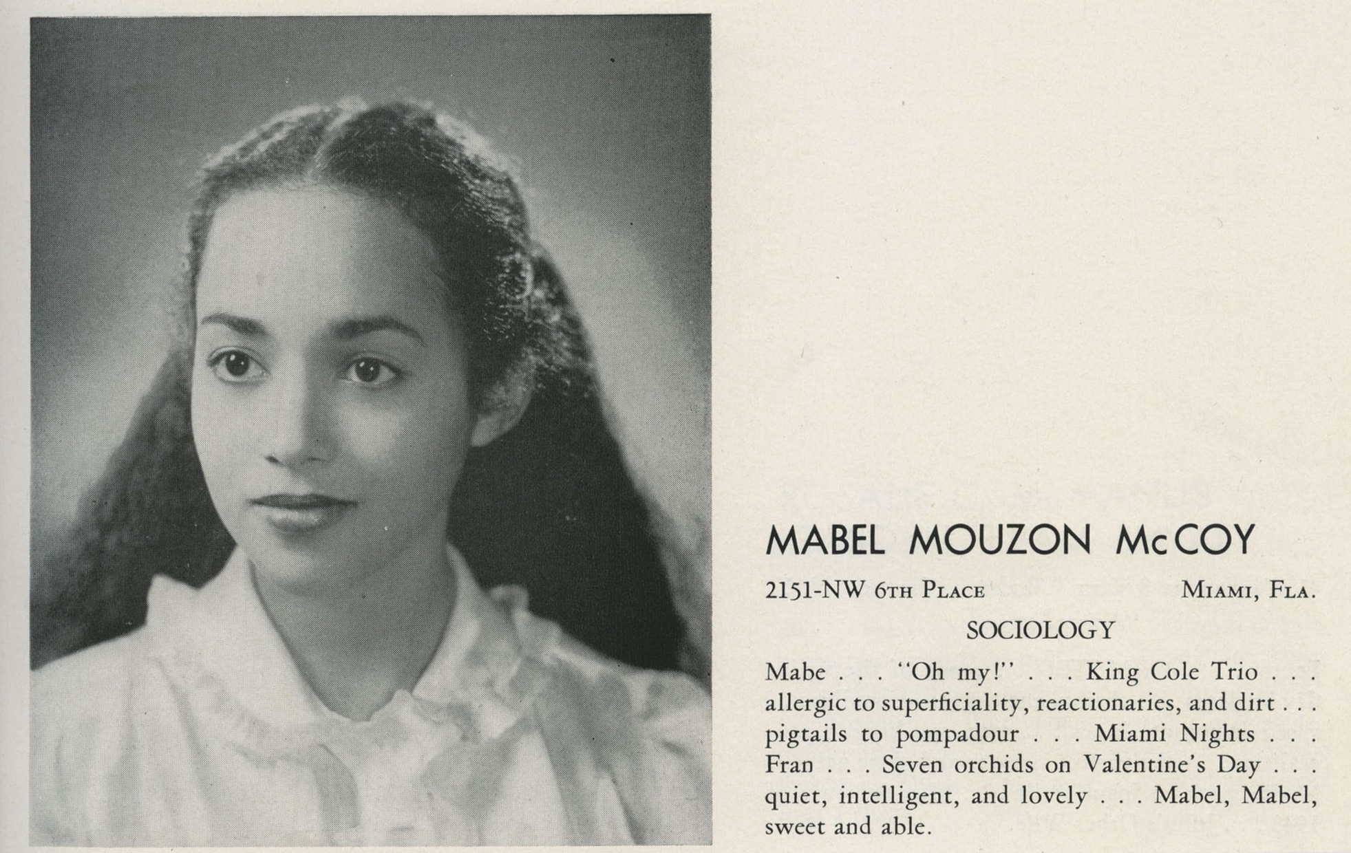 A document features a black and white photograph of a young woman of color in a white blouse with long dark hair. “Mabel Mouzon McCoy” is printed to the image’s right with a Florida address and the word “Sociology” listed.