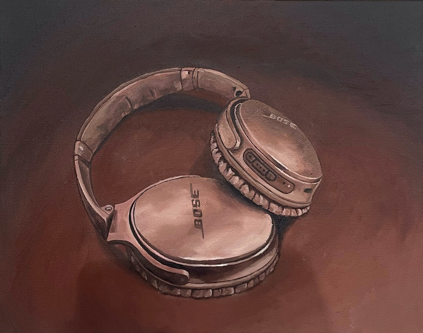 Painting of BOSE headphones against a reddish-brown background.