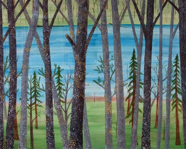 A painting of various trees across a river, some bare, others green: the trees' bark is rendered with much detail, its texture almost like scales, glittering from a distance. The river that runs between the two stretches of land is a soft phthalo blue.