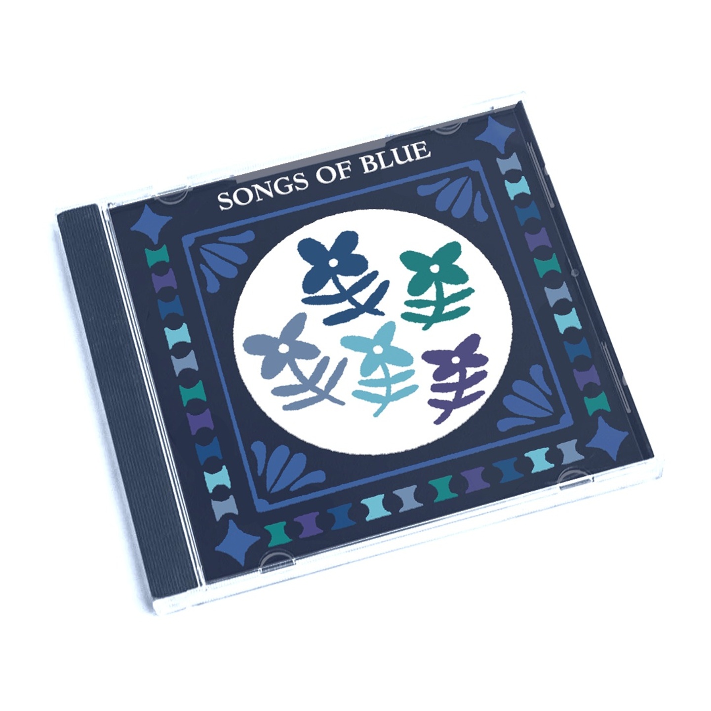 A blue CD cover wth illustrated flower motifs. 