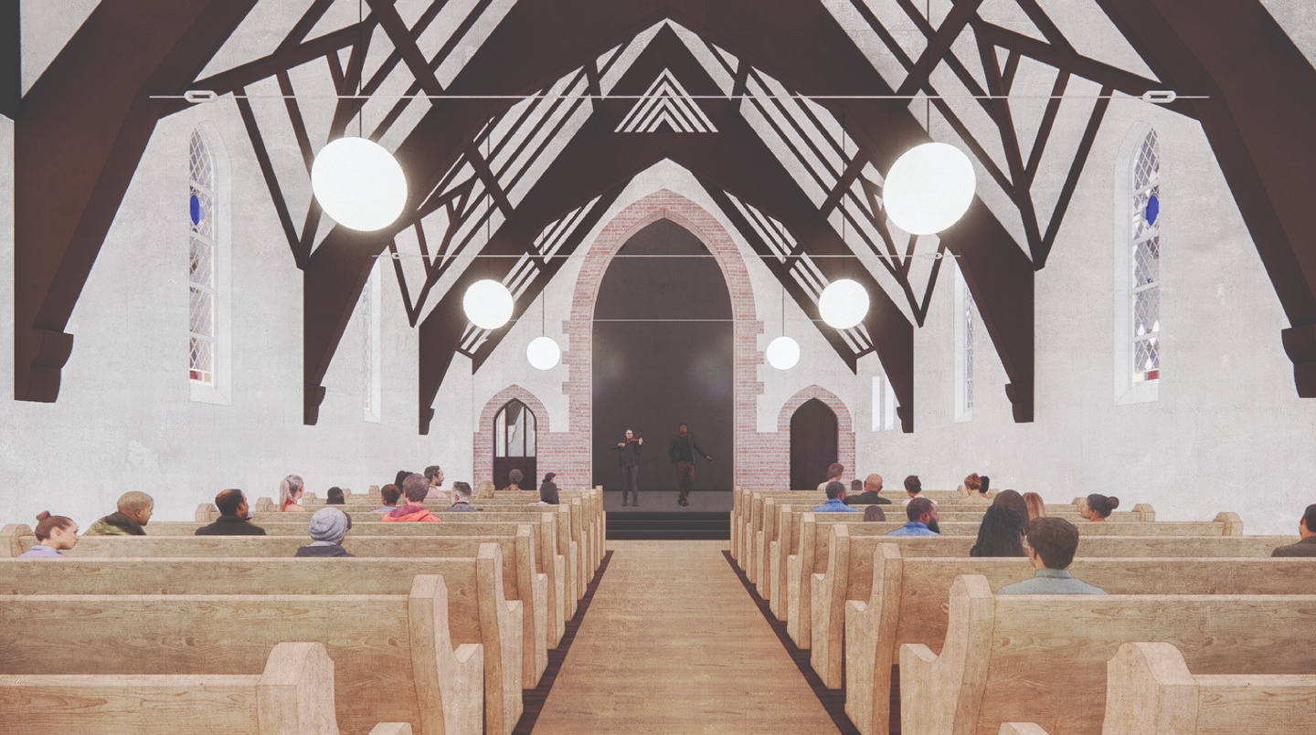 rendering of inside a chapel or church viewing from the back looking over pews to the sanctuary