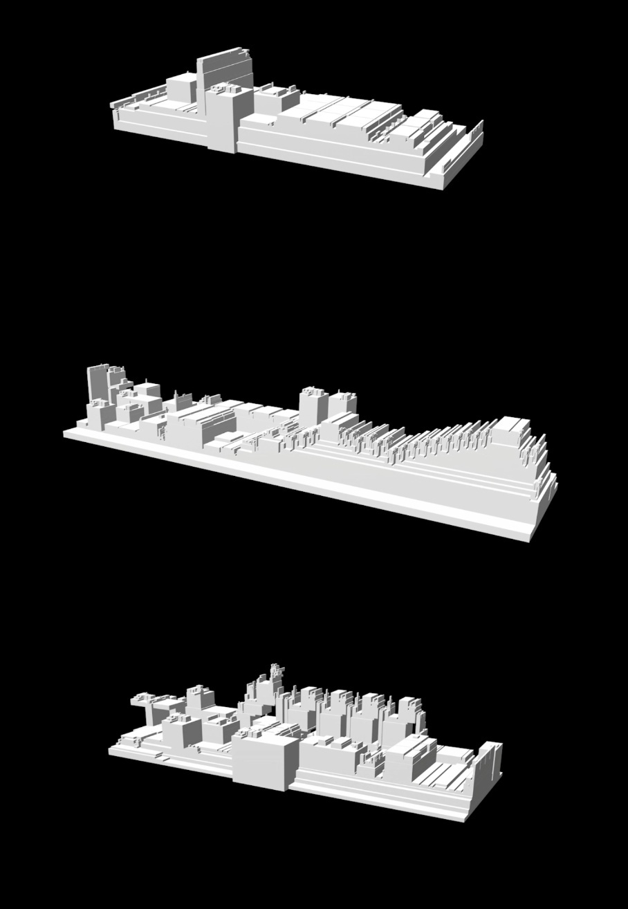 Three white 3D renderings of city block sections on a black background.