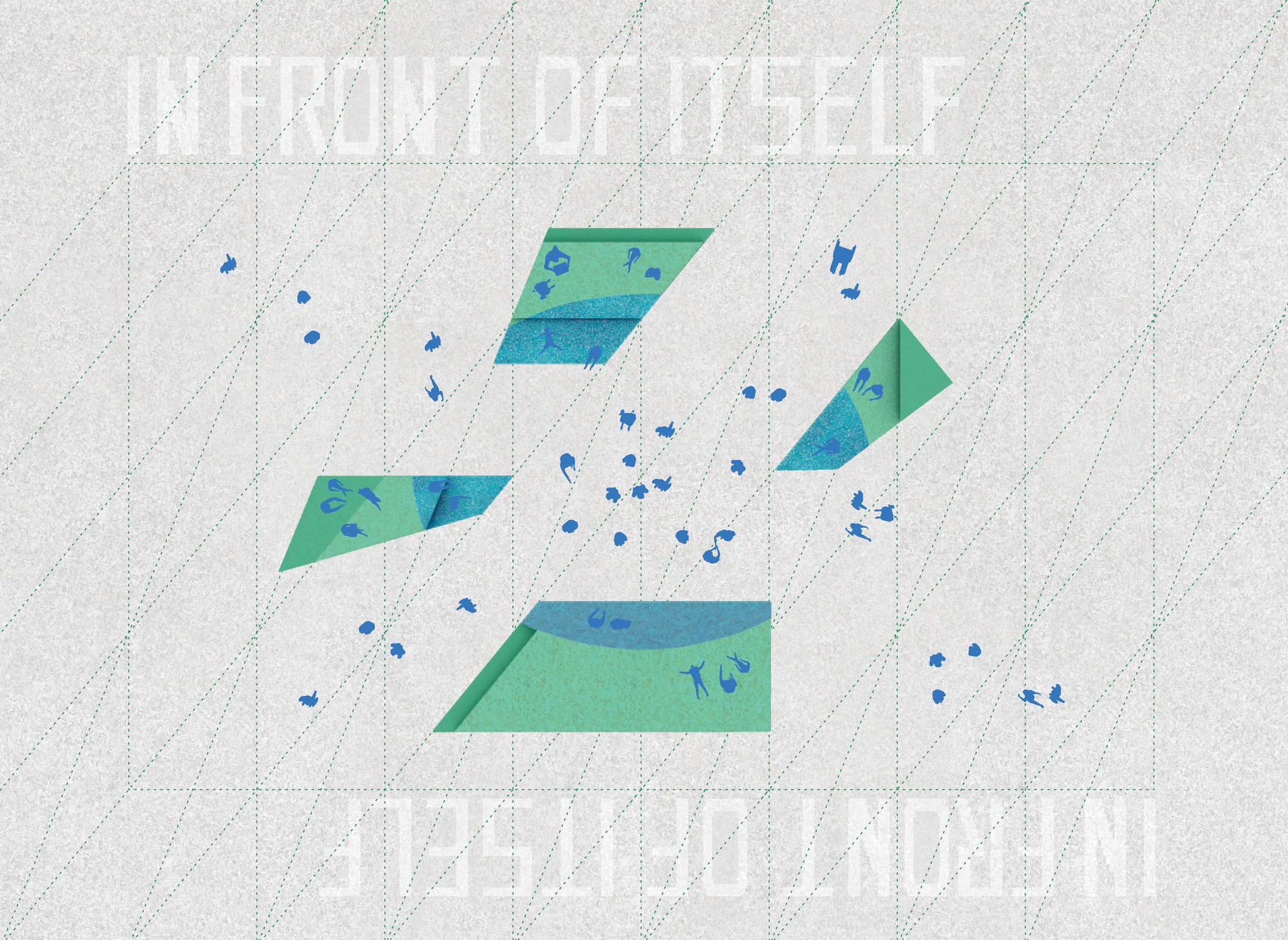 A schematic diagram of The Shed's Plaza as seen from above for Summer Sway. Angular blue-green shapes represent the sculptural installation Tidal Shift. At the top and bottom of the diagram are the words In Front of Itself. They are a permanent artwork by Lawrence Weiner set in the Plaza's paving stones. 