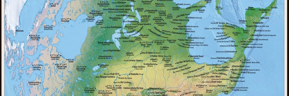 Map showing land mass of North America with surrounding water.