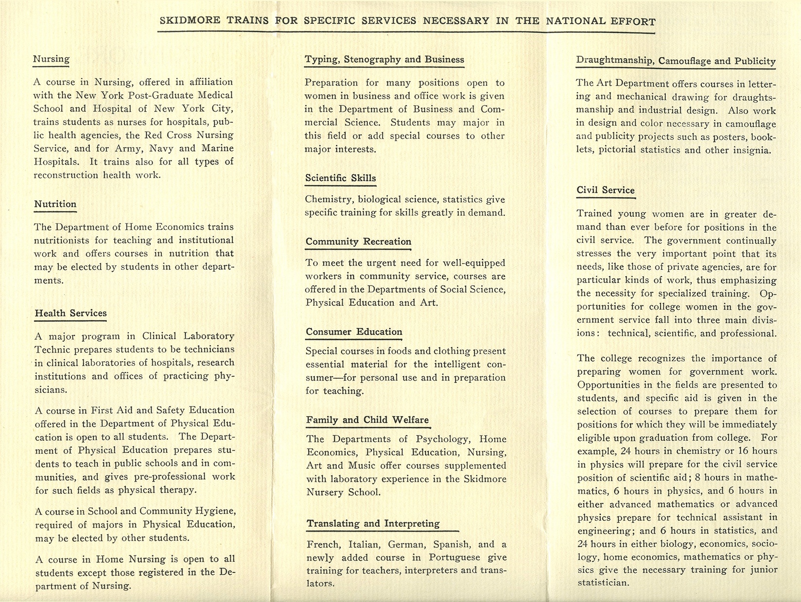 A pale yellow brochure with crease marks divides the page into three sections. “SKIDMORE TRAINS FOR SPECIFIC SERVICES NECESSARY IN THE NATIONAL EFFORT” is written on top-center with each part accompanied by smaller text.