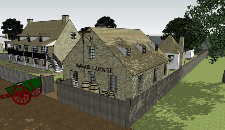 Sketchup render of a late 18th century St. Louis with an old bar 'Magasin Labaddie' with kegs outside the establishment. There is a wheeled cart on the left with a keg on it