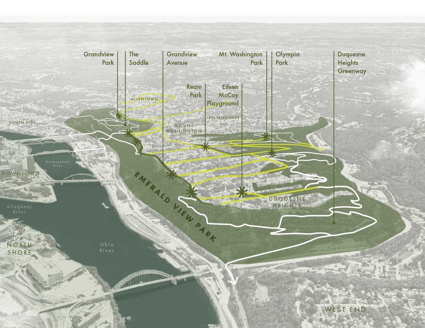 Plan view of proposed areas for a large park with labels highlighting different areas