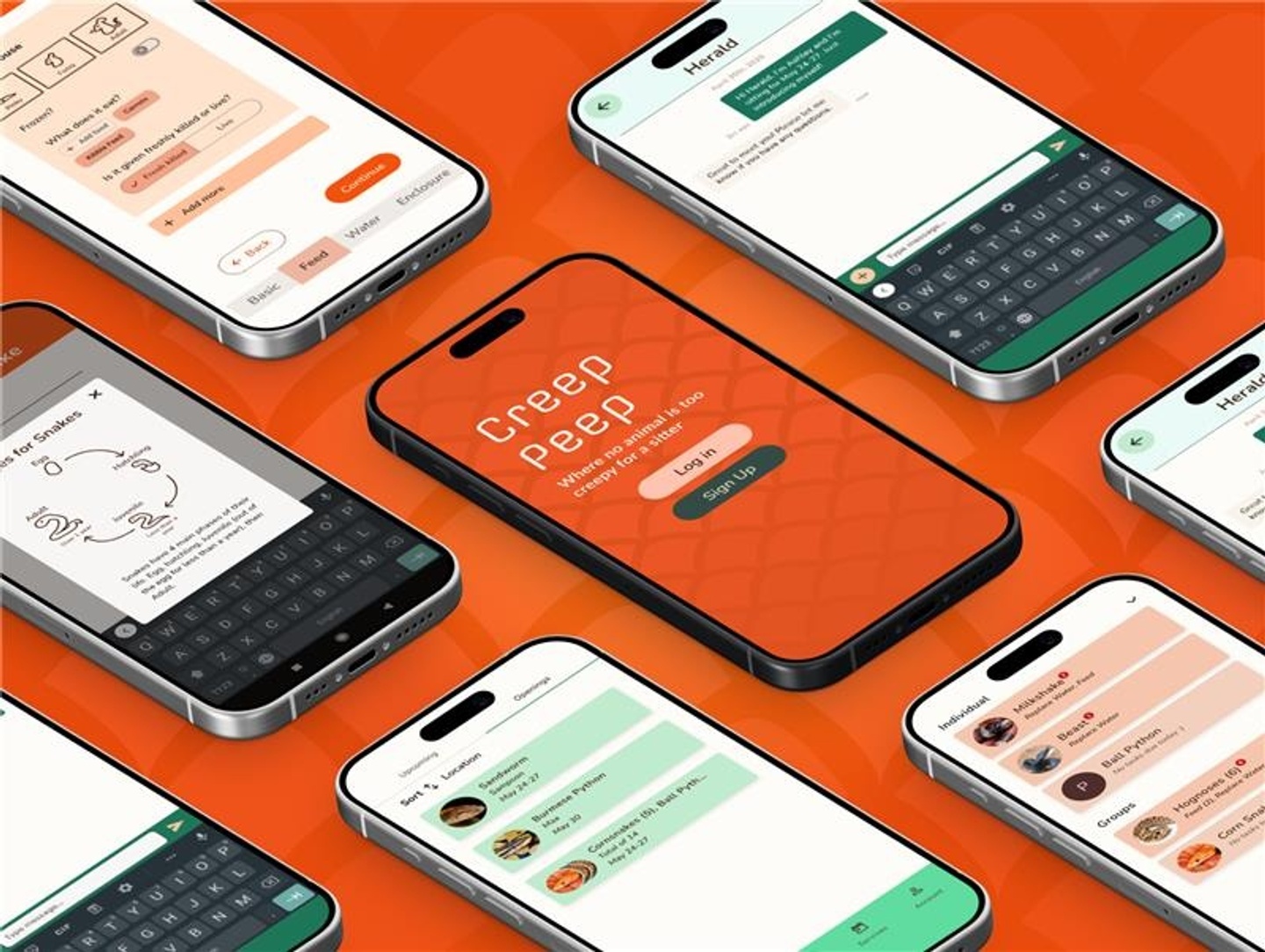 A series of phones that show mockup screens of an app "Creep Peep." The red and green app allows users to find and volunteer as sitters for some less-conventional pets.