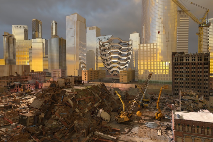 Glinting glass and metal skyscrapers tower above, surrounding a construction site with a heap of junk and scrap materials in the foreground. In the distance the Vessel (of Hudson Yards) is visible, reflecting the golden-slate sunset.