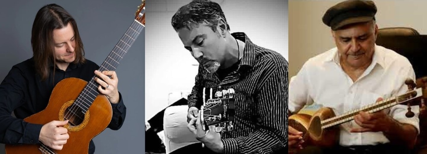 Images of the performers, guitarists W. Mark Akin, Brian Vaccaro, and Farshid Soltanshahi. 
