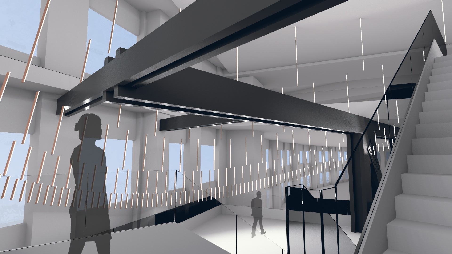 Render of final design with interactive sculptural installation suspended in the space