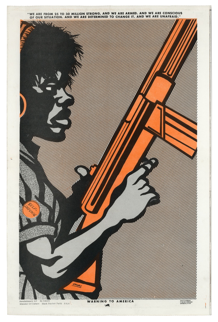 A screenprint of the profile of a young, Black woman with a serious expression holding up an orange rifle.