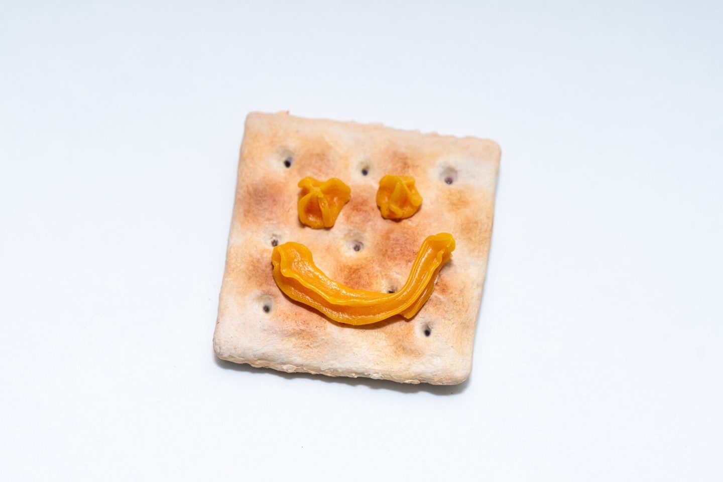 image of a sculpture of a cracker with a cheese smiley face on it, made from pewter, pigmented resin, and oil-based paint