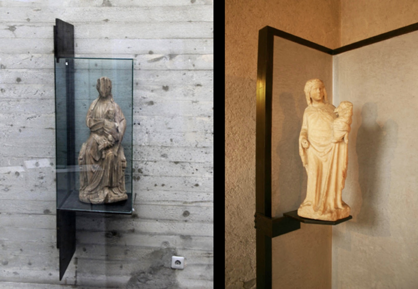 Dual-panel photo of two sculptures, each depicting a figure holding a child. The left one is gray in color, and the right one is a yellowish-cream color.