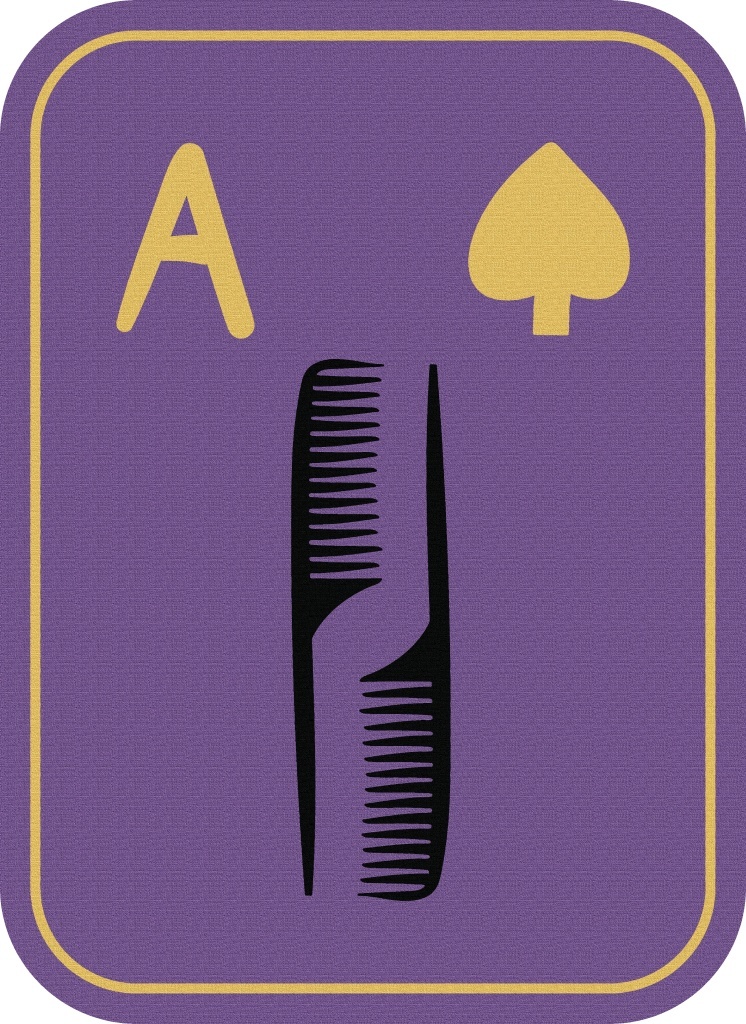 Image of a card with a purple background, showing a black comb. The letter A appears in the left corner, and a symbol of a spade appears in the right corner. 