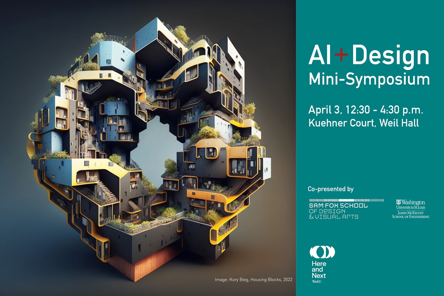 poster for AI + Design Mini-Symposium with image of housing blocks and text of event details