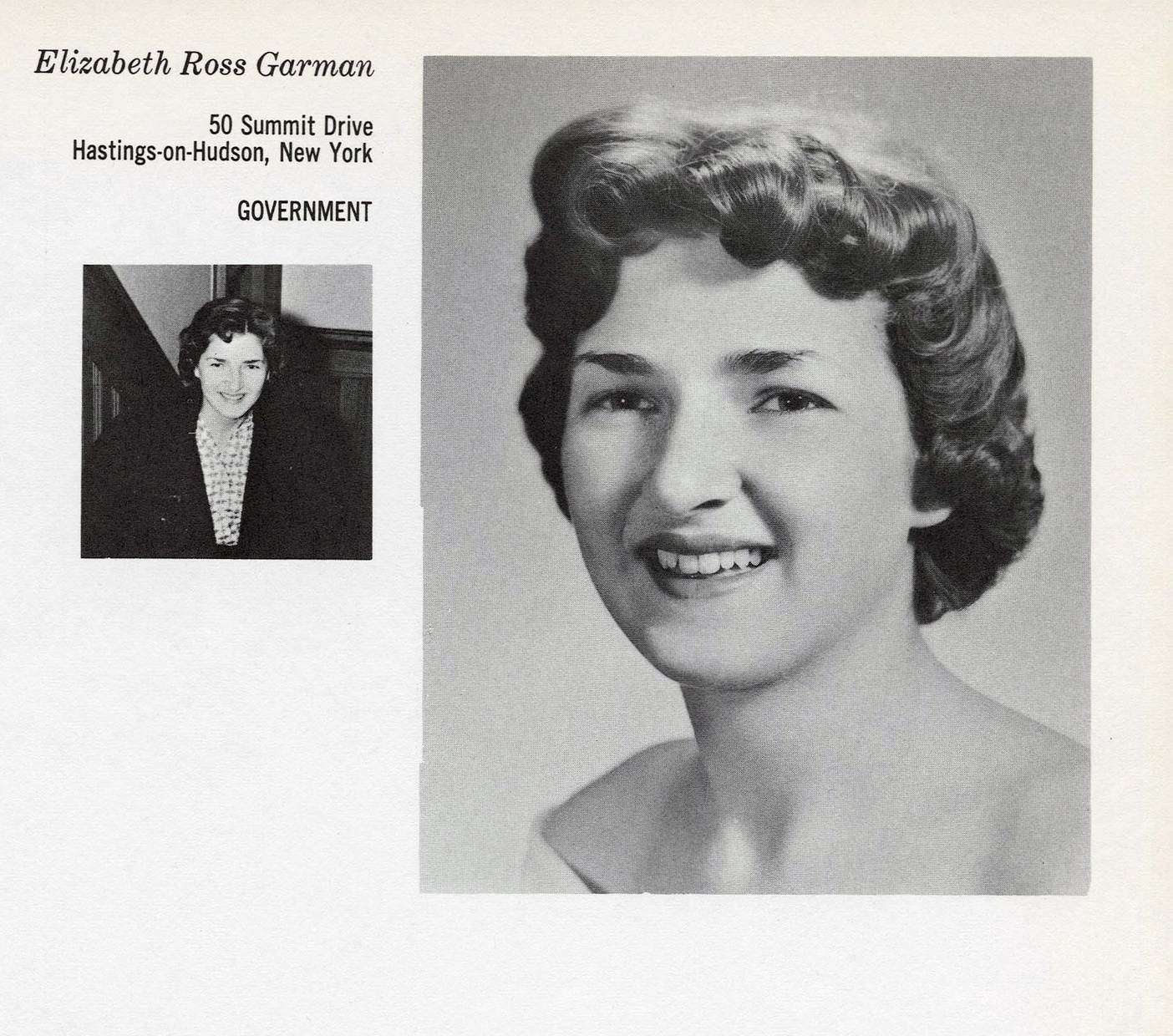 A black and white document has two photographs of the same young light-skinned woman smiling. Printed in top left corner is “Elizabeth Rose Garman” followed by a New York address and “Government.”