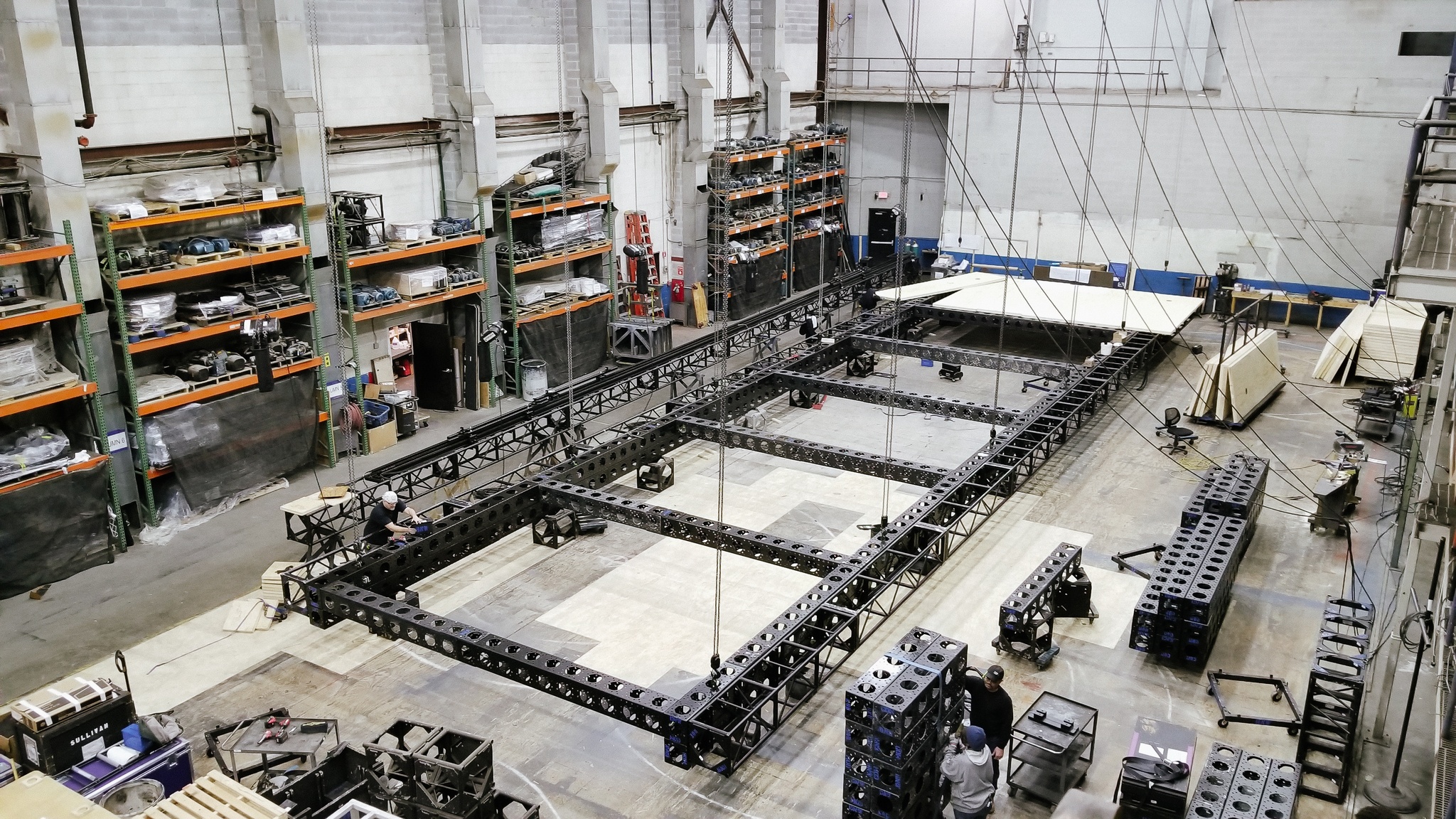 The stage hutch for Soundtrack of America gets assembled in a large shop room in Yonkers, NY.