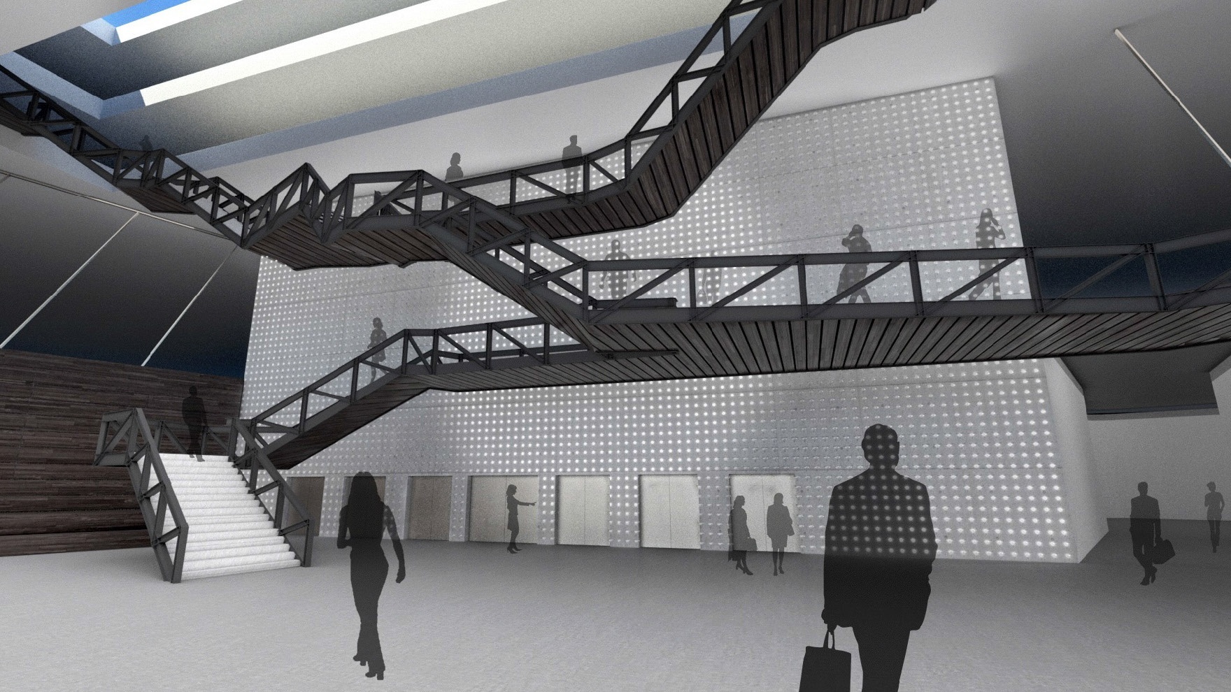 Colored render of large staircase in Global HQ space beside large scoreboard