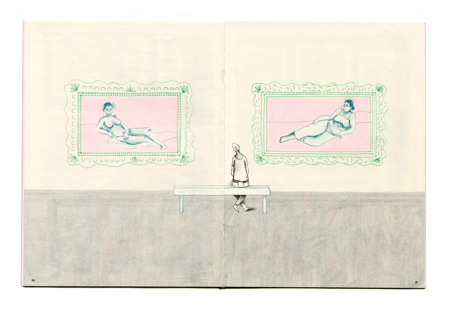 Open spread of book: a person sits on a bench between two large paintings/drawings of people (in landscape/horizontal orientation) on the wall; to the left, a person in nude, to the right, a clothed person. Both are lounging on beds/couches, set against a light pink background. The world outside these pictures is in grayscale.