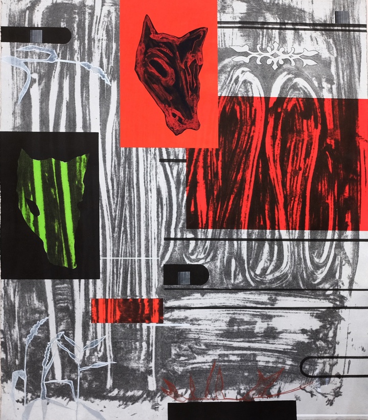 Print with multiple rectangular regions; much of it is black-and-white, with some bright red areas, including one with an animal head, and one black block with some neon green.