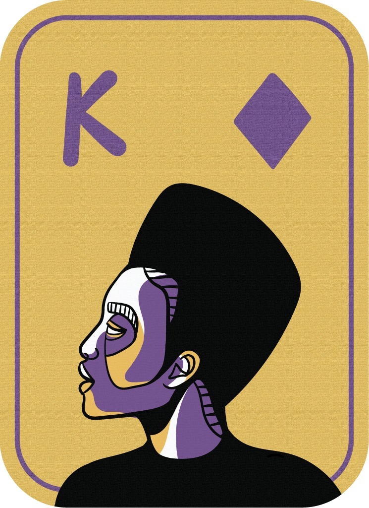 Image of a card with a yellow background, showing a figure in profile featuring a hairstyle. The letter K appears in the left corner, and a symbol of a diamond appears in the right corner. 