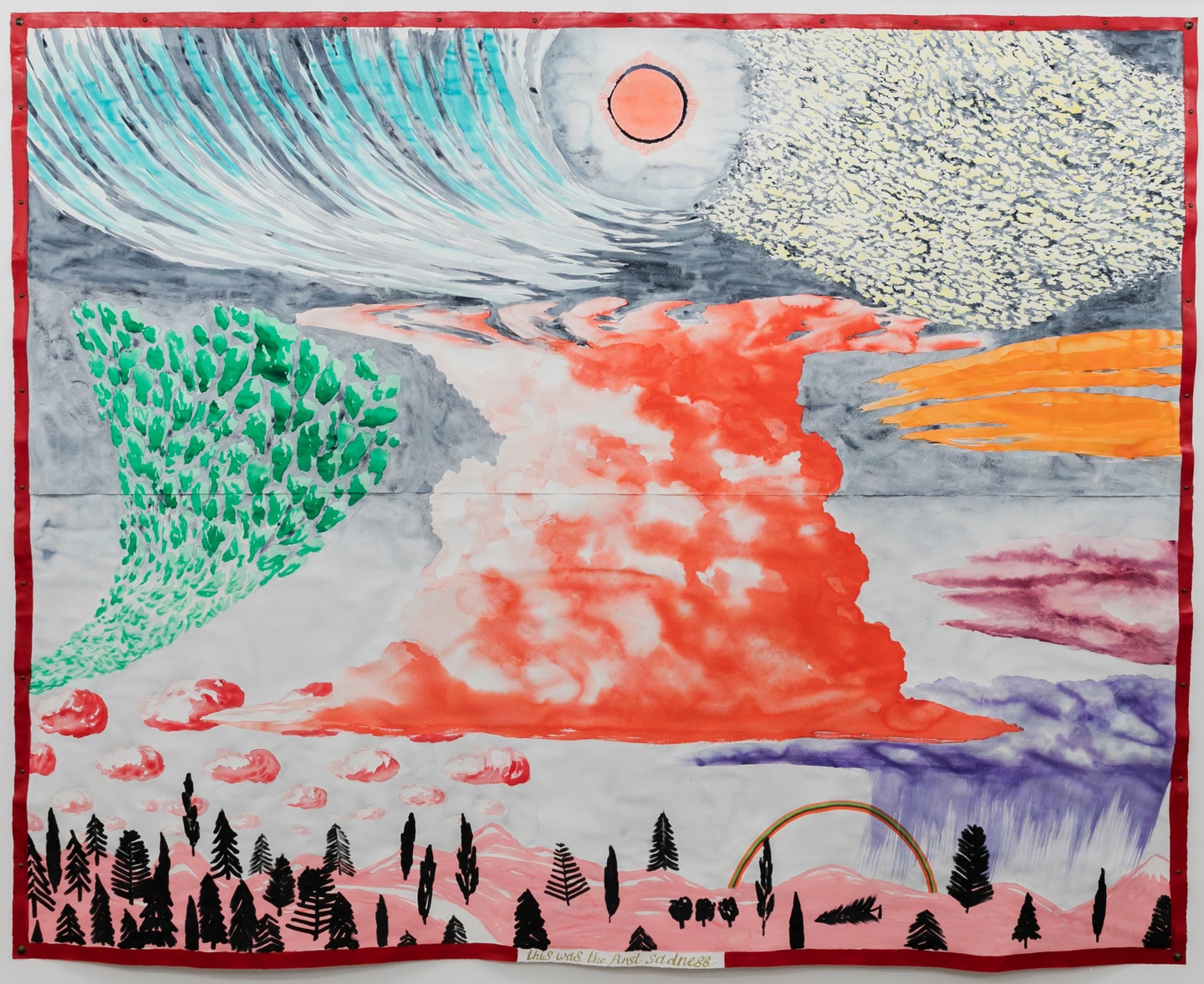 A multicolored landscape painting with bright orange, purple and maroon clouds, pink landscapes and black trees