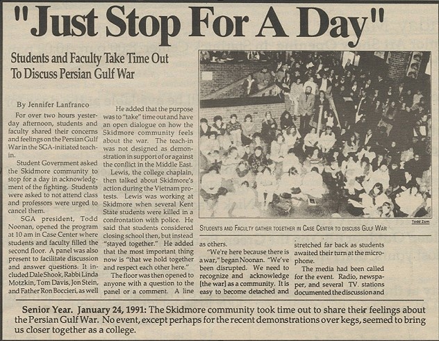 A yellowed newspaper page with a black and white photograph of a group of people sitting down and text with the headline "Just Stop For A Day."