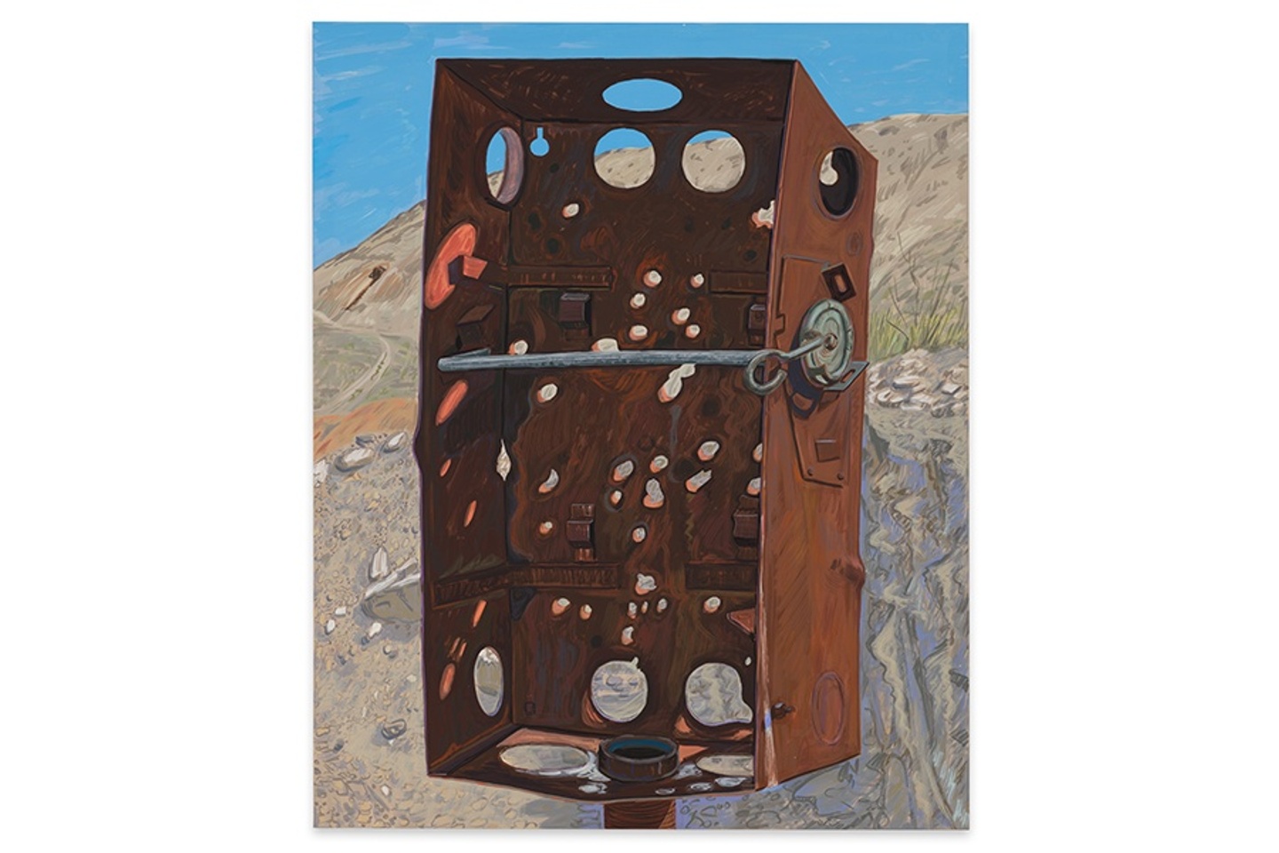 Acrylic gouache painting of old steel box with rocky landscape and blue sky behind