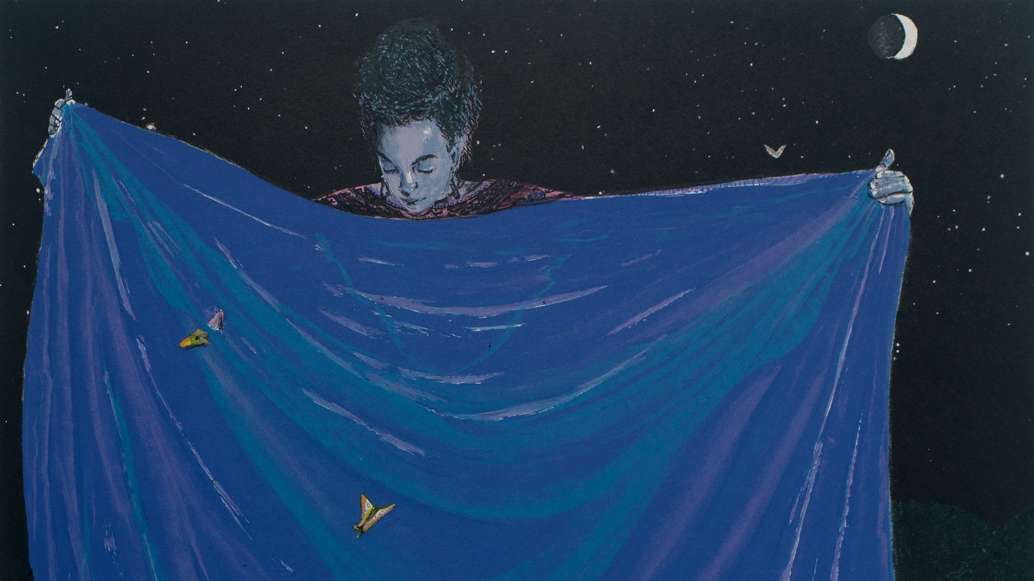 Against a background of the night sky and the moon, a woman with dark curly hair and blue-grey skin holds up a blue blanket decorated with yellow and pink butterflies.