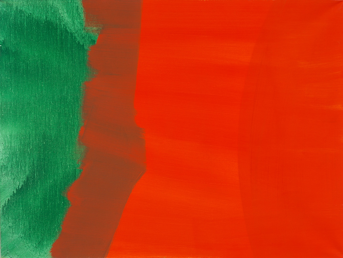 An abstract painting with a green section at the left that transitions into a vibrant red section