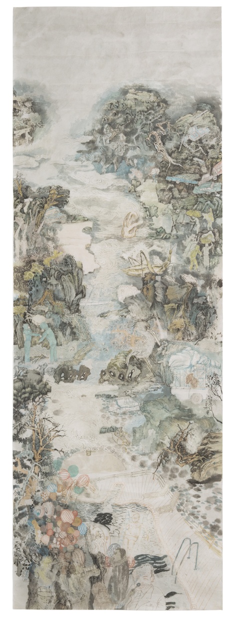 A long painting of a river scene in a mountainous and tree-lined landscape with images of human influence such as a cruise ship, a crashed plane, and people in hazmat suits.