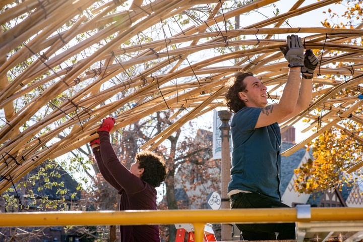 Sam Fox School students work on building the bamboo pavilion for Peace Park.