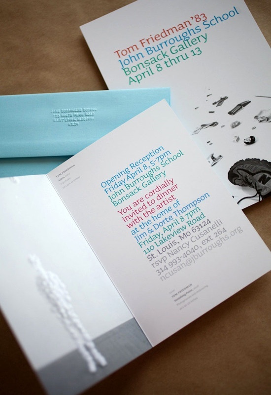 Invitation package for an exhibition opening, including the open invitation card, with blue, green, red, and gray text opposite a page with a white, 3D figure on a gray foreground. A light blue envelope plus the front of an invitation are behind the open invitation.