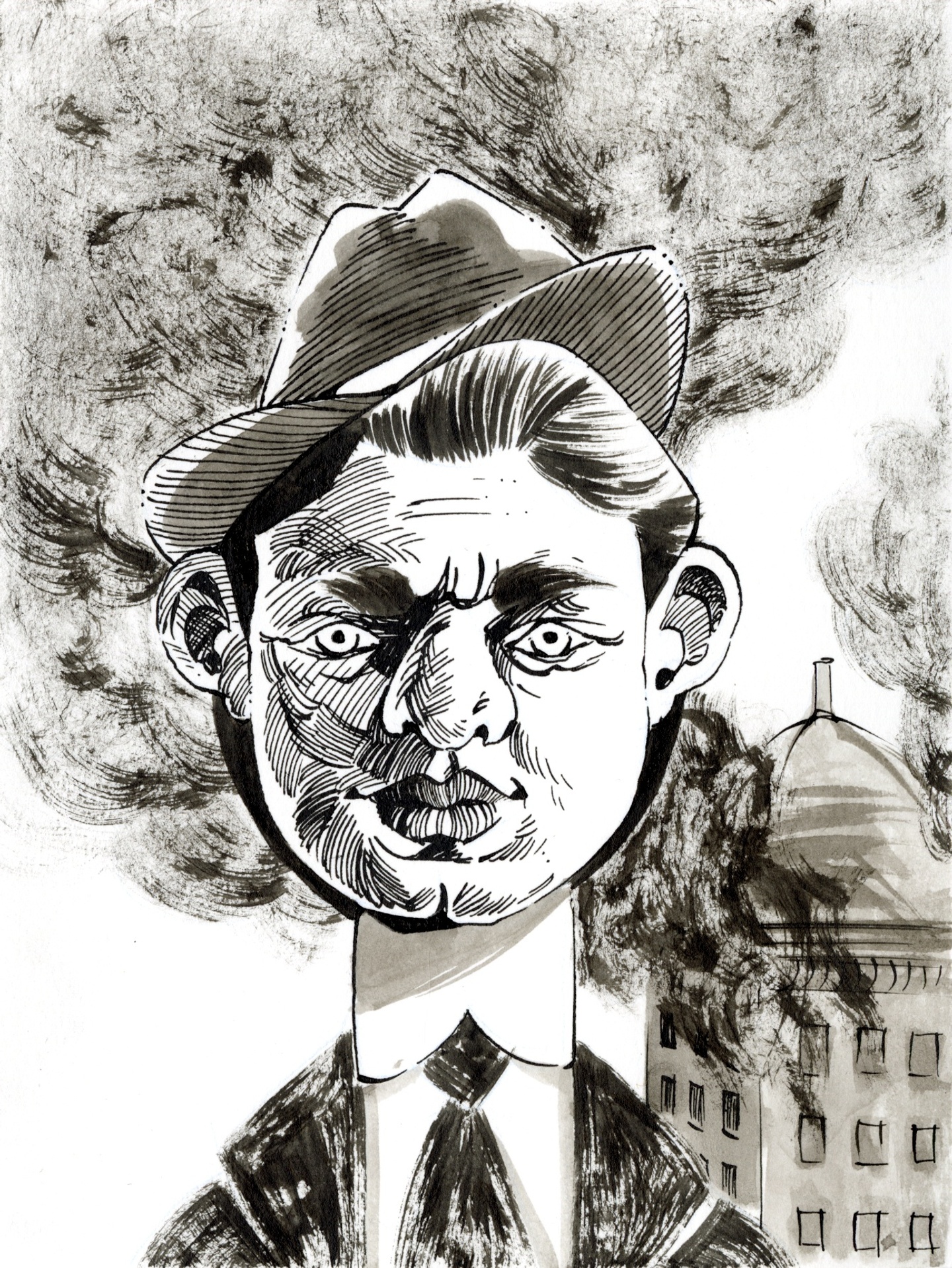 Pen and ink illustration of a figure in front of a burning building.