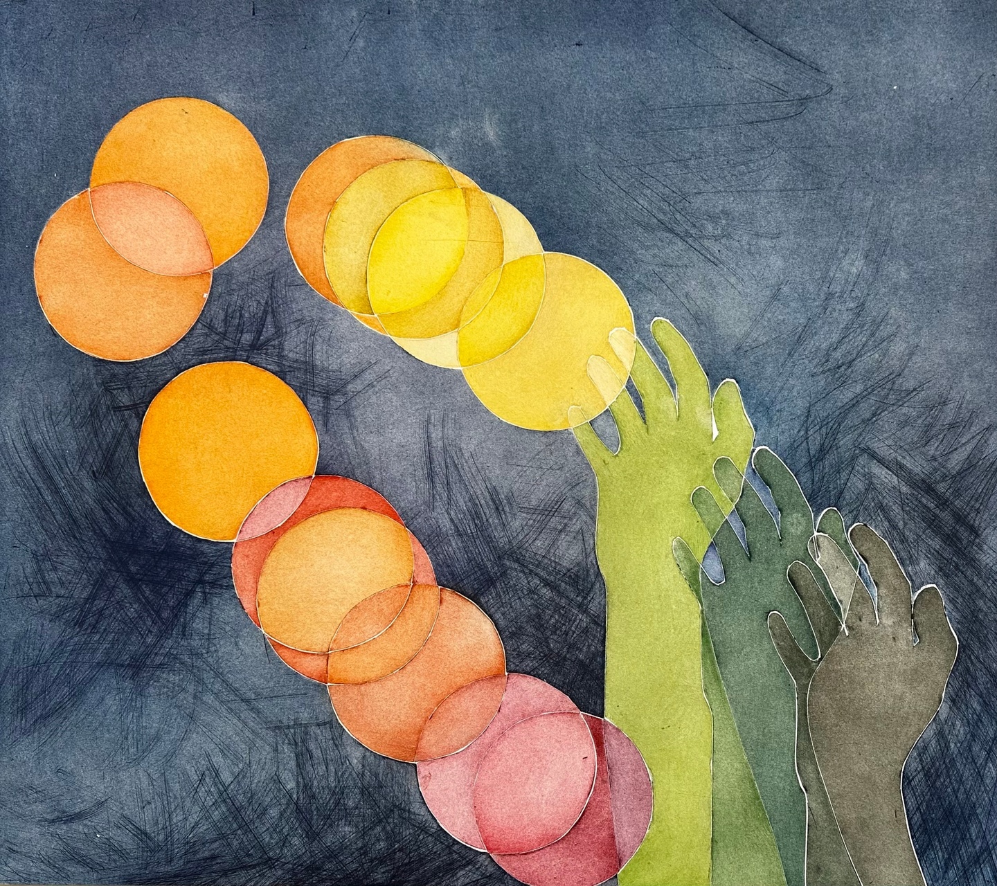 Print of hands reaching for glowing orange orbs on a navy background.