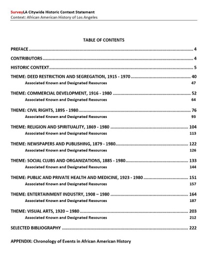 FIG. 2: African American History of Los Angeles Context table of contents. Courtesy of Los Angeles City Planning.