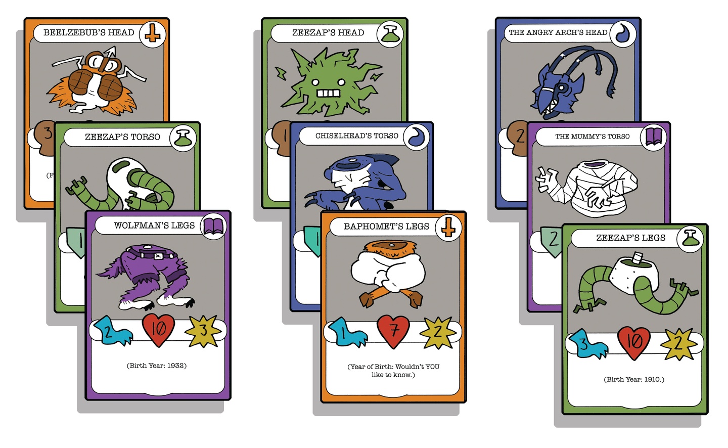 Three sets of illustrated cards, stacked in threes, of a monster's head, torso, and legs - for example Beelzebub's head, Zeezap's torso, and Wolfman's legs. Each card has different stats.