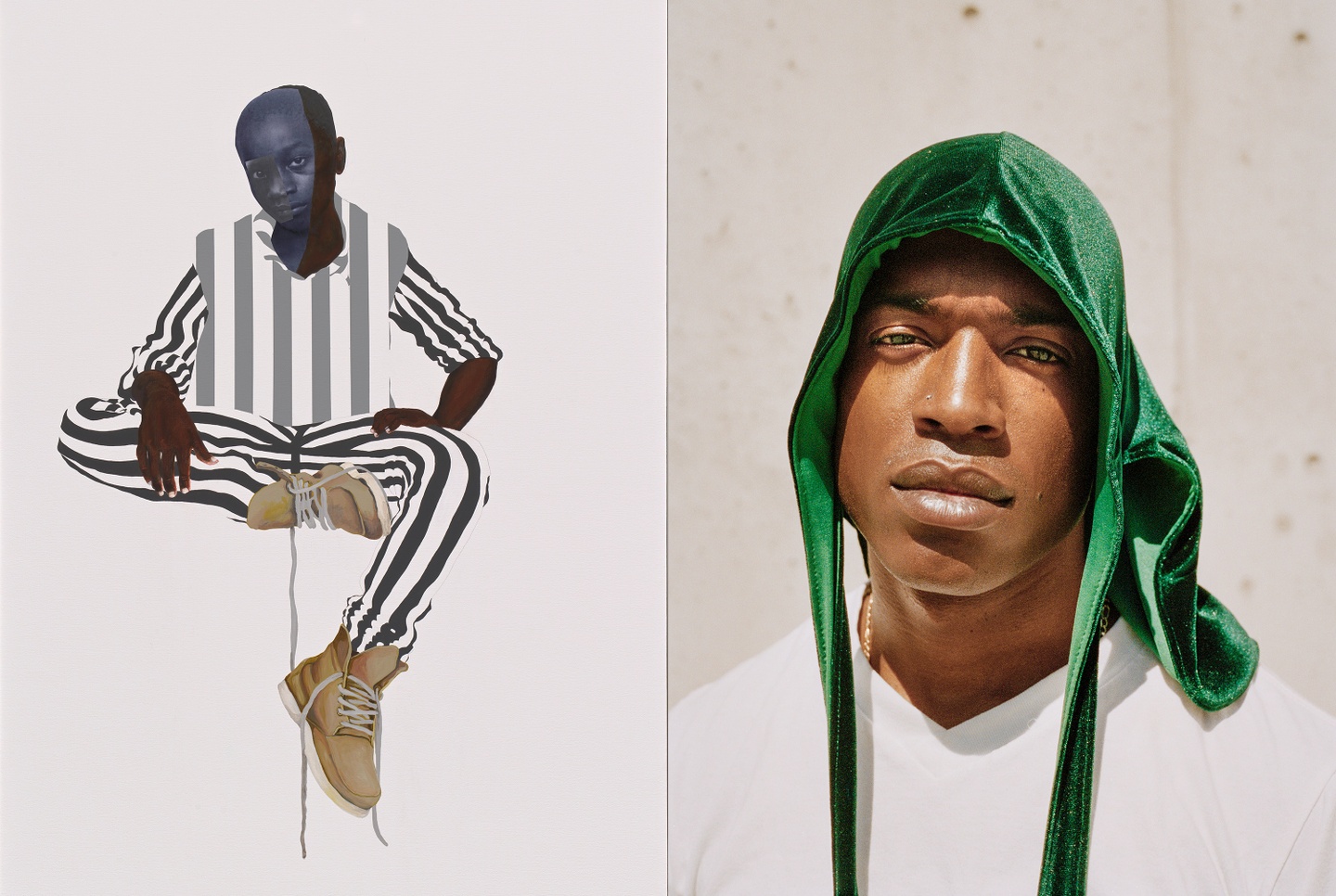 Left: a boy sits in prison stripes; right: a man wears a shiny green durag