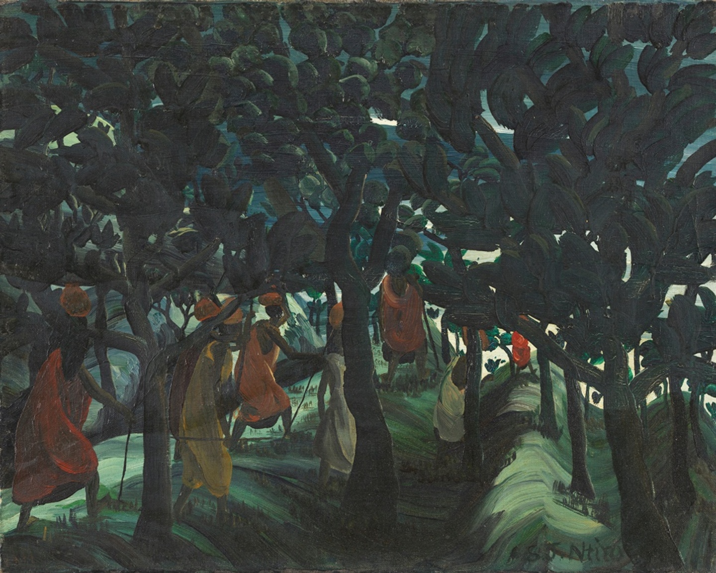 A painting of figures walking through an orchard