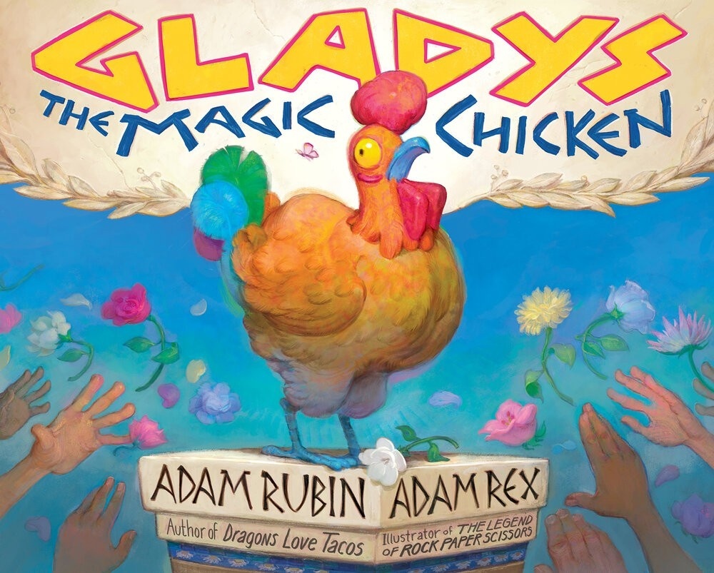Book art illustration featuring a chicken with the title Gladys the Magic Chicken
