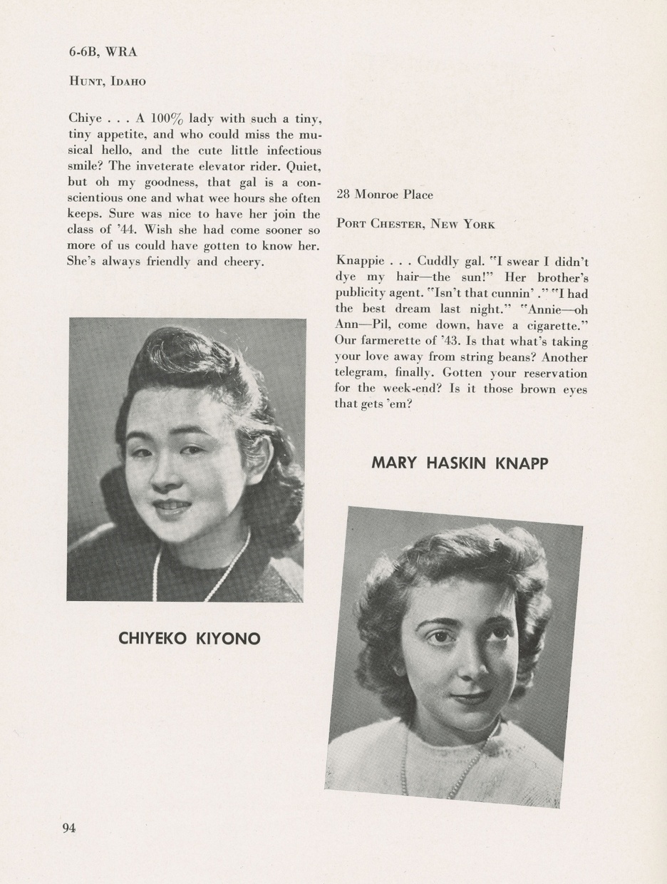 A slightly yellowed yearbook page features two black and white photographs of different women accompanied by their names “CHIYEKO KIYONO” and “MARY HASKIN KNAPP” along with their addresses and commentary.