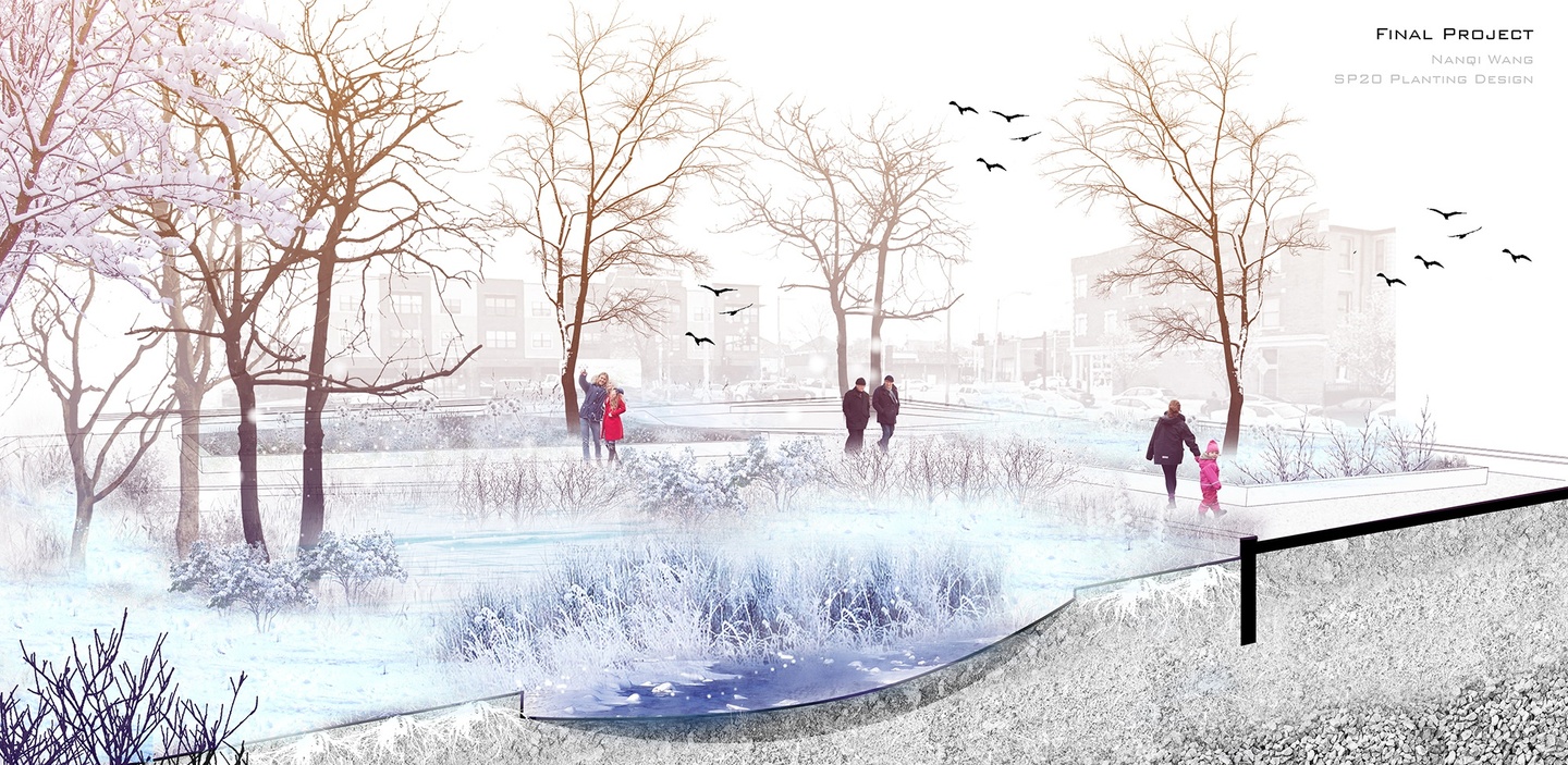 Rendered snowy park with frosted flora