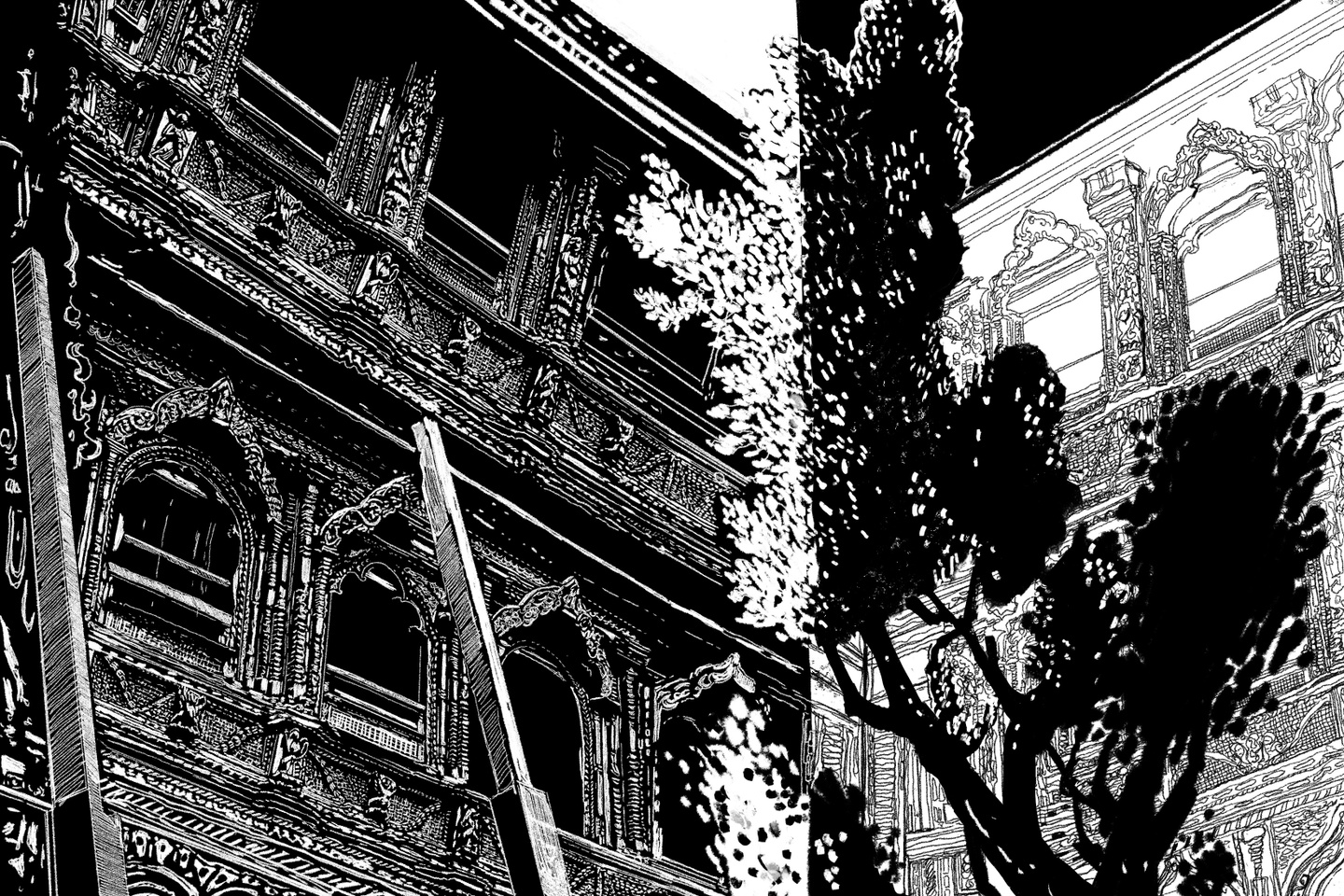 Highly detailed black and white drawing of a facade of a highly ornate mansion or temple.