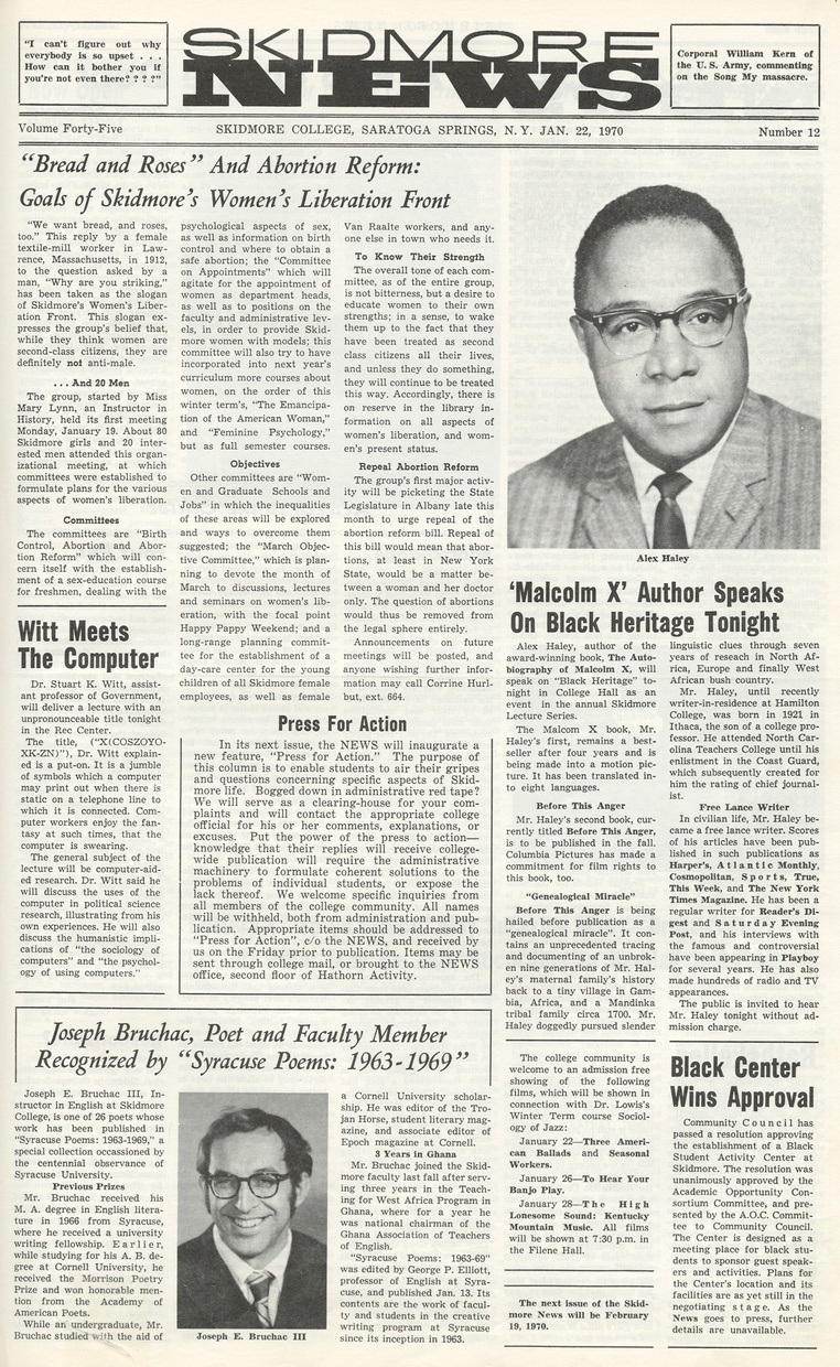The front page of a Skidmore News issue shows several sections and columns of text punctuated by two separate photographs of two men in suits.