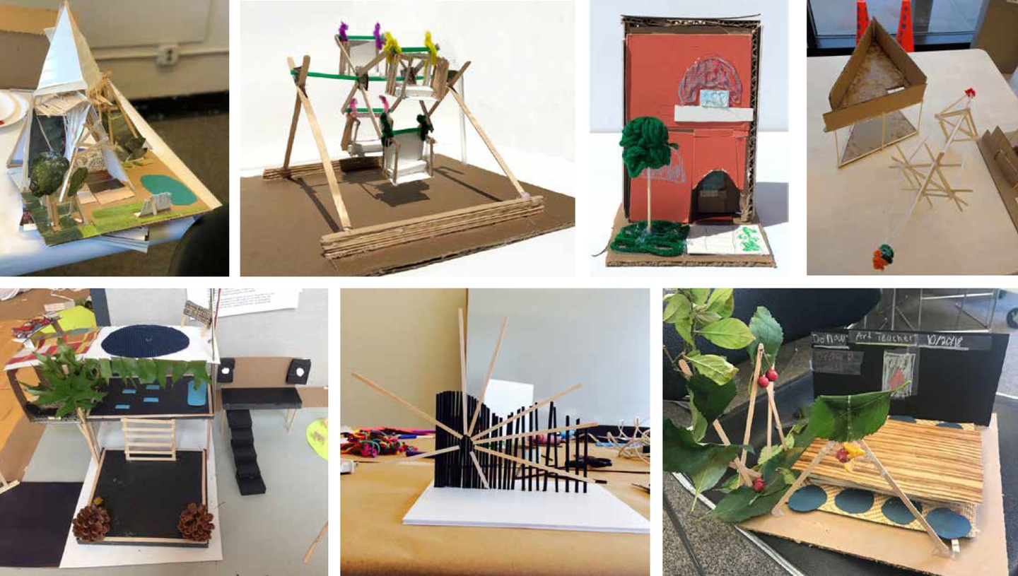 A set of 7 photos showing handmade models from wood and paper.