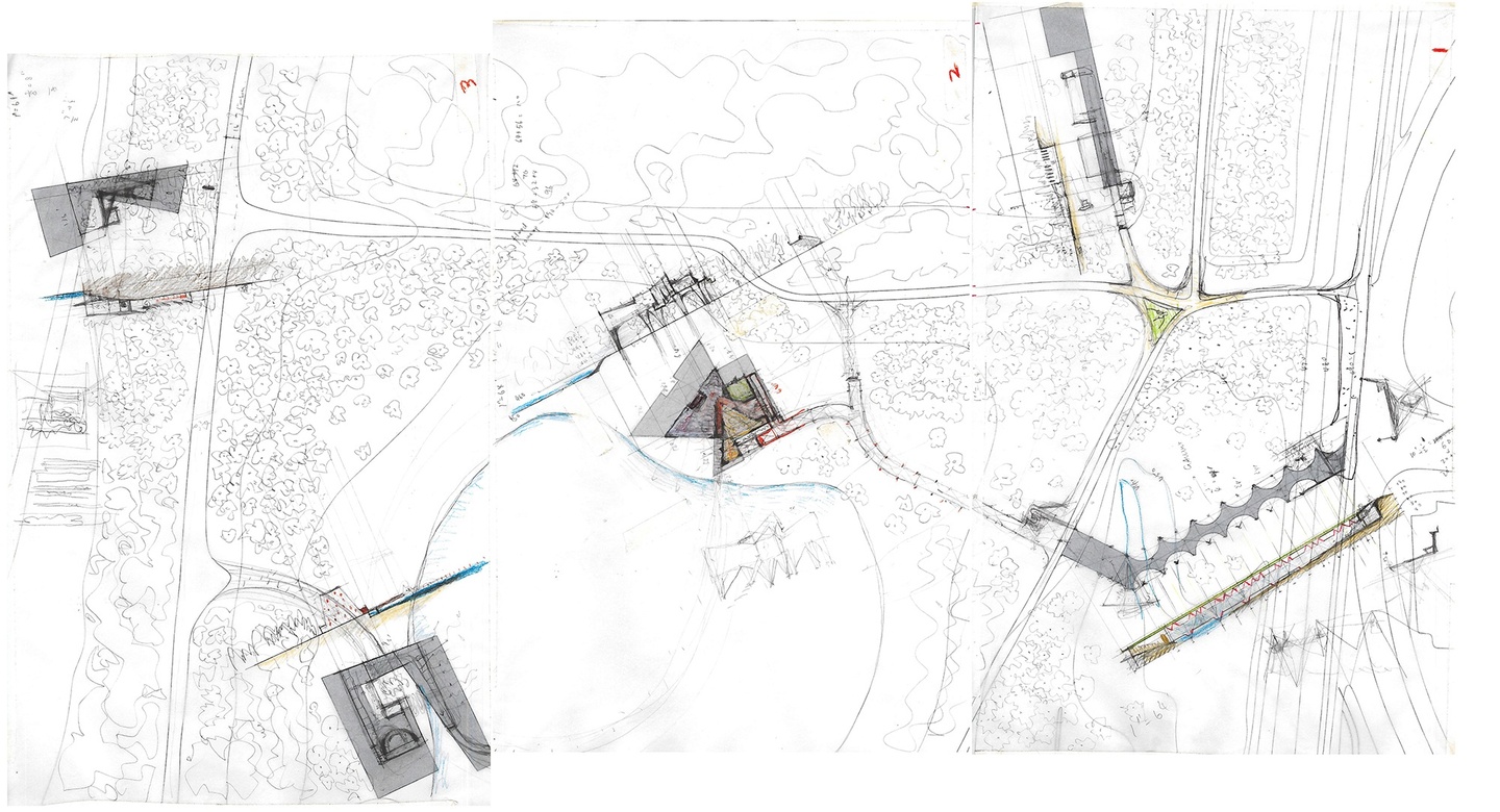 Hand drawn site sketches of various buildings connected by paths through a forested area.