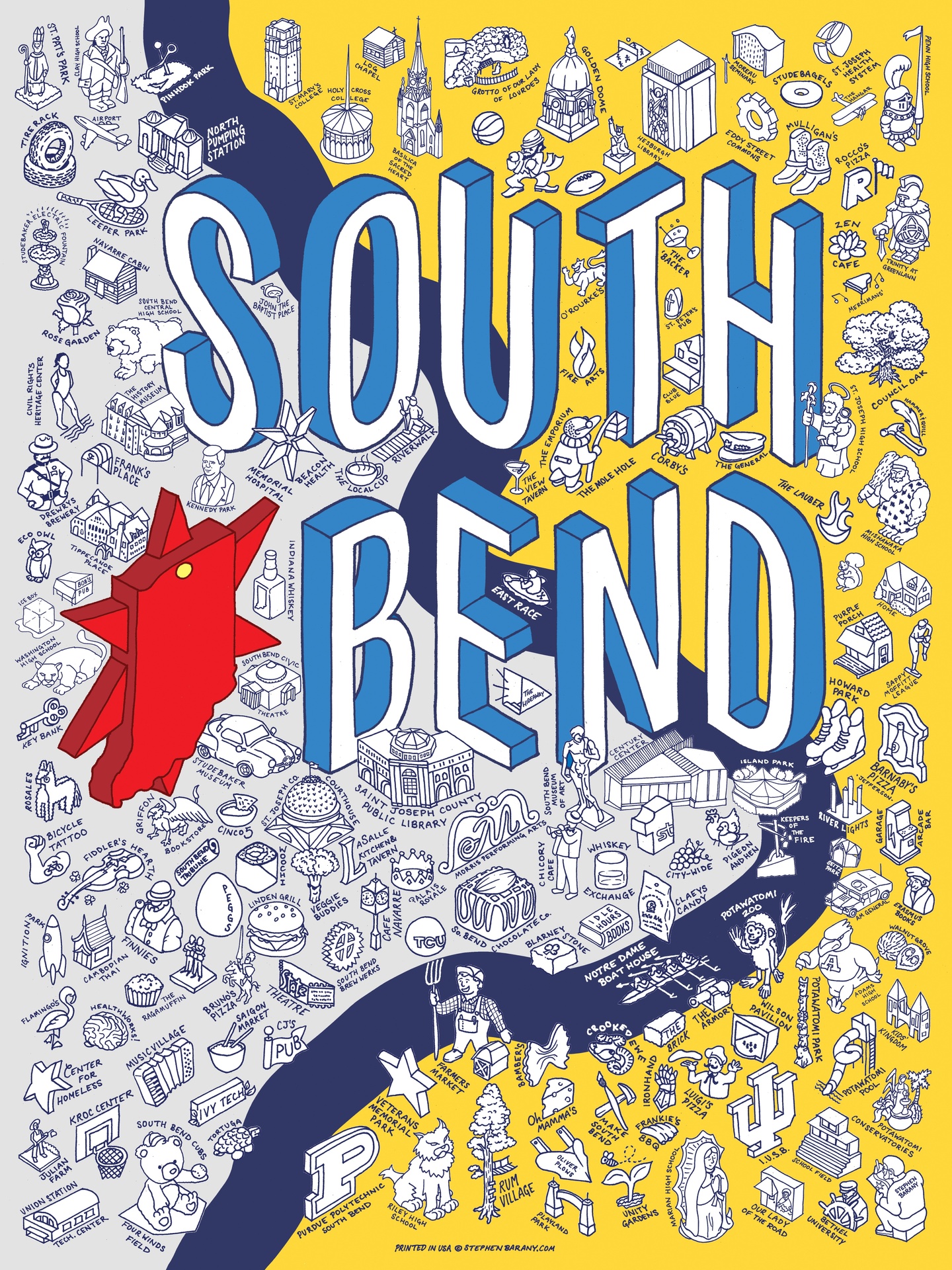 An illustrated map poster of South Bend includes drawings schools, businesses, and community icons